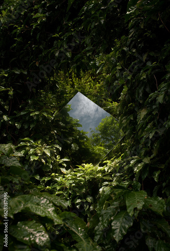 Dense green jungle foliage surrounds a triangular opening revealing a misty mountain peak, showcasing natural beauty and vibrant vegetation.