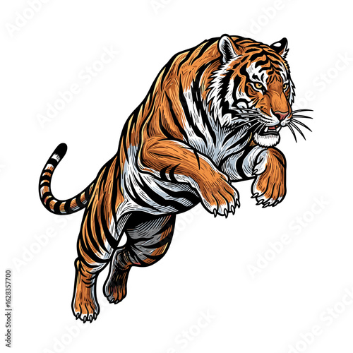 A stylized illustration of a tiger leaping in mid-air, showcasing its powerful form and predatory stance.