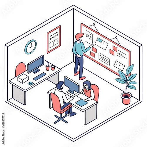 A flat and isometric illustration of an office environment. Employees are working and collaborating, perfect for business, project management, and coworking spaces.