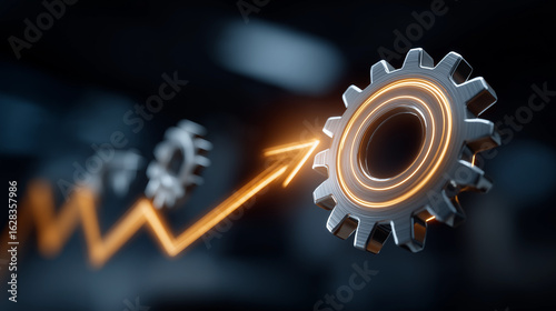 Technological Progress: Gear wheels, connected by an upward-trending arrow, symbolize innovation, growth, and the forward momentum of modern technology.