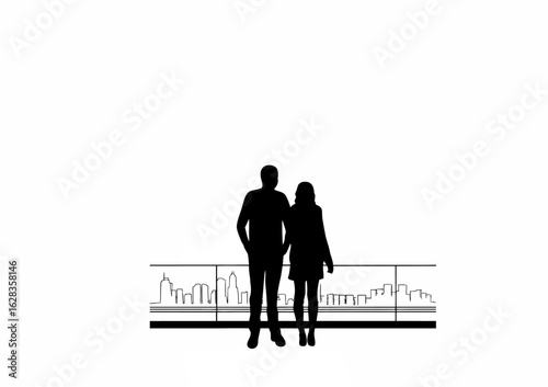 Couple enjoying a romantic evening overlooking a vibrant city skyline from a rooftop