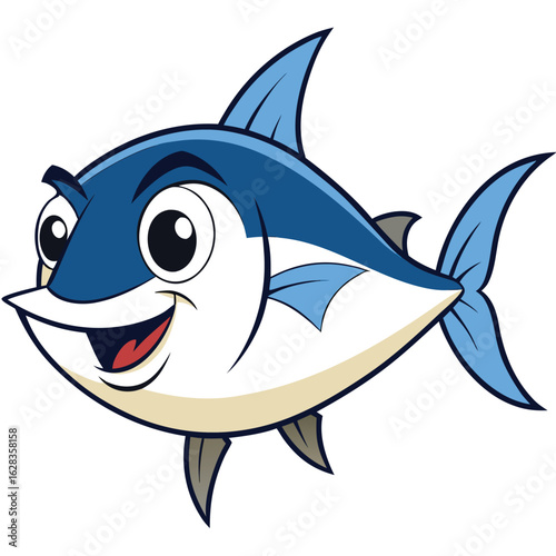 Bright cartoon tuna fish in yellow and blue hues, showcasing a lively and whimsical ocean environment.