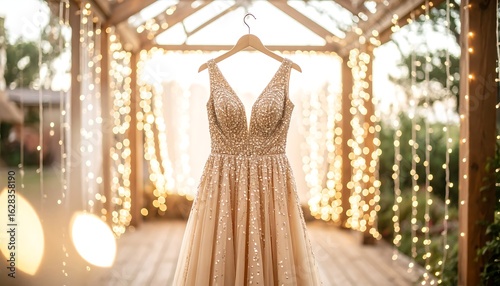Elegant Gold Gown Hanging with Sparkling Lights in a Romantic Setting