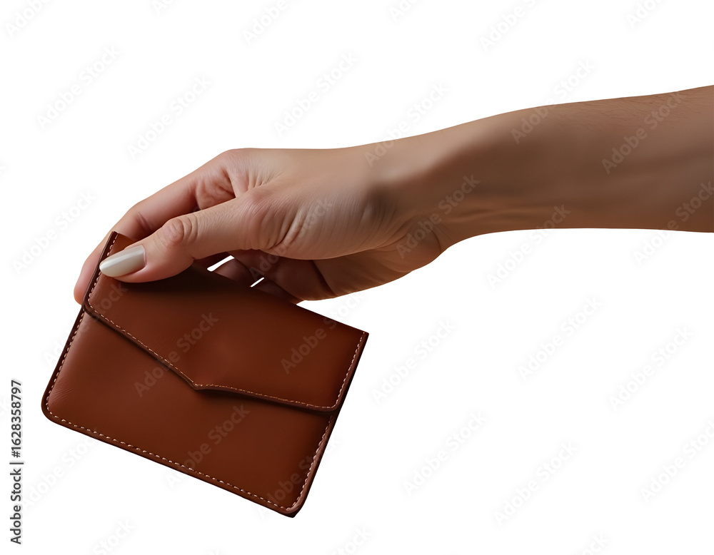 Obraz premium Female hand confidently holds brown wallet, small leather accessory for personal finance