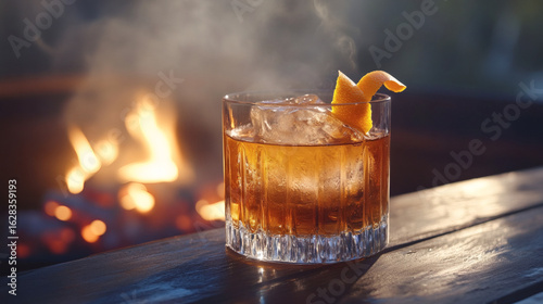 Smoked bourbon cocktail with orange twist by grill