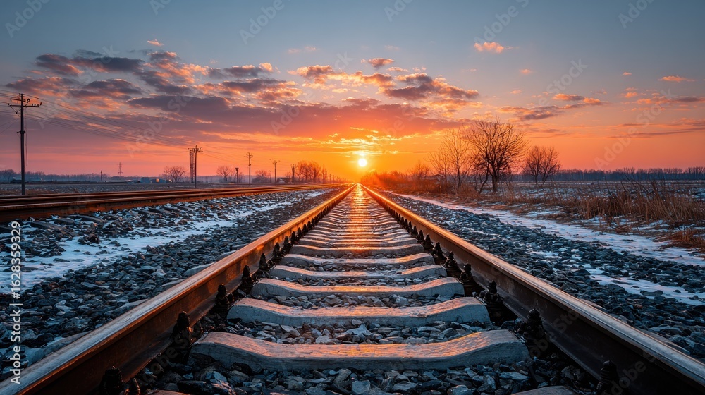 Fototapeta premium Railroad tracks leading to a vibrant sunset