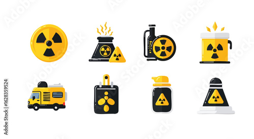 A flat design illustration showcases a collection of icons representing radioactive symbols, nuclear power plants, and hazardous waste containers, emphasizing danger and potential environmental