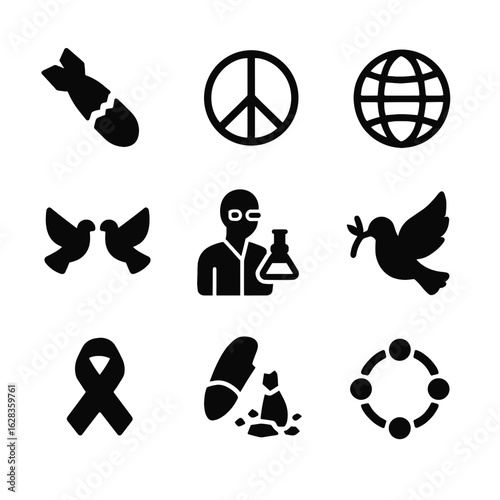 Solid glyph icon set representing themes of war, peace, global conflict, and social issues.