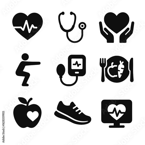Health and wellness icon set. Vector symbols for fitness, medical care, and a healthy lifestyle.