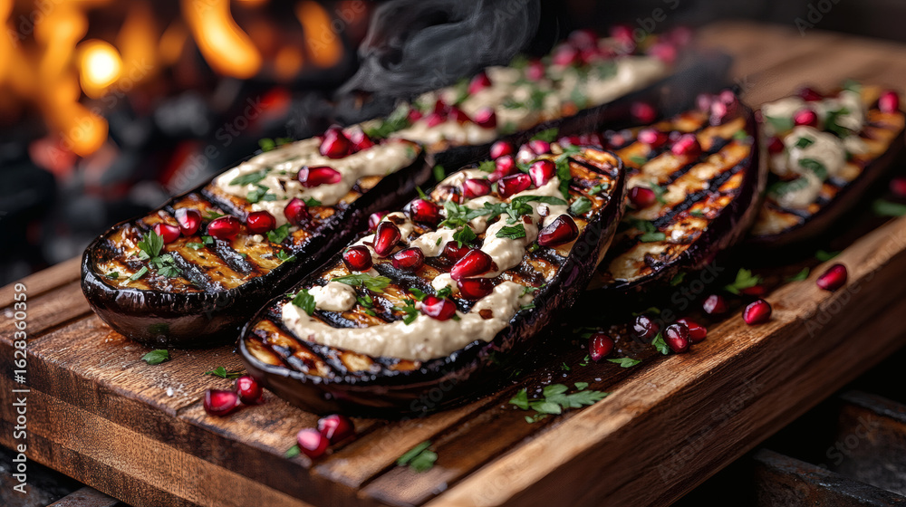 Fototapeta premium Smoky grilled eggplant with tahini and pomegranate seeds at blue hour