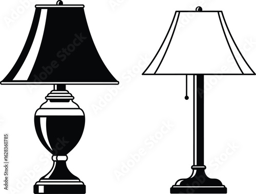 Two classic table lamps, one in a solid black silhouette and the other in a detailed line art style, vector illustrations for timeless interior design, home decor, and lighting themes, isolated.
