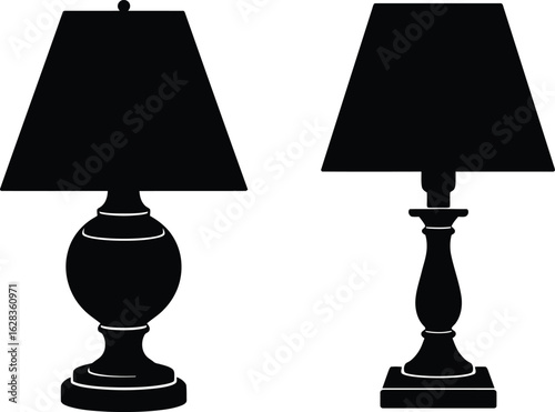 Two stylish table lamps, one with a rounded base and another with a columnar base, black silhouette vector illustrations for home decor, interior design concepts, and lighting element graphics.