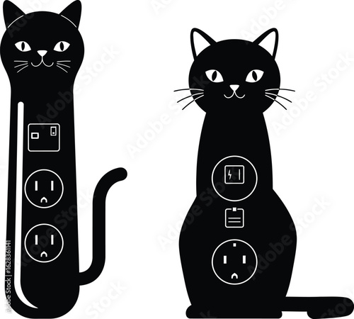 Two black cats stylized as electrical power strips with outlets, a creative and quirky design for tech lovers, cat owners, and unique gadget accessories.