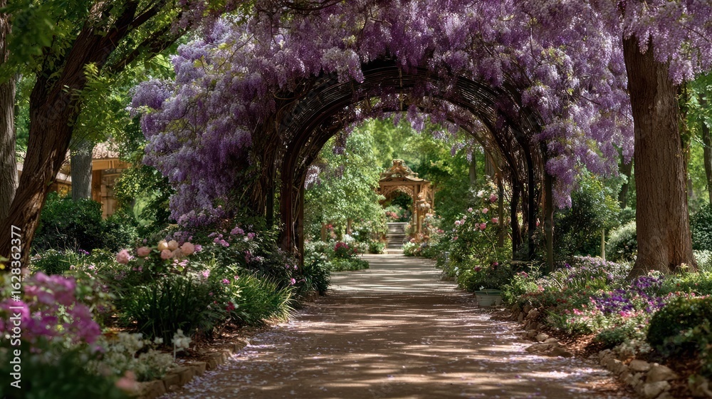 Obraz premium Wisteria-arched garden path. Lush blooms