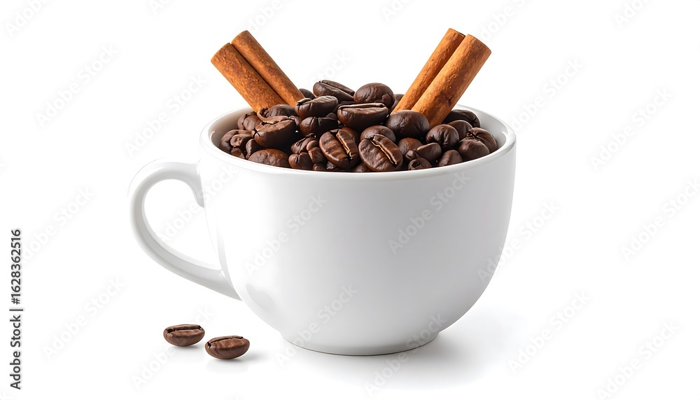 Fototapeta premium White coffee cup filled with coffee beans and cinnamon sticks