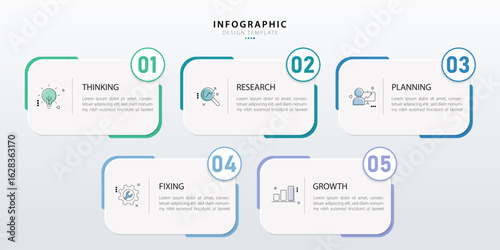 Infographic template design. 5 Step timeline journey. Process diagram, 5 options on white background, Infograph elements, business, education, technology, modern vector illustration.