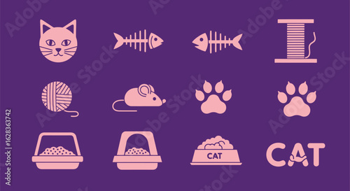 Vector illustration of collection of cat icons with different objects on a purple background