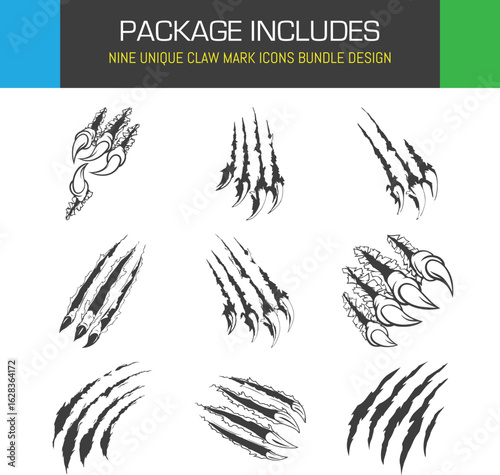 Unleash fierce creativity A collection of nine unique claw mark icons evoking raw power danger