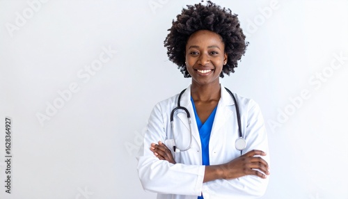 Confident Smiling African American Female Doctor with Arms Crossed on White Background