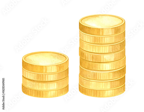 Stacks of coins in varying heights arranged in a neat manner. Watercolor illustration isolated transparent background