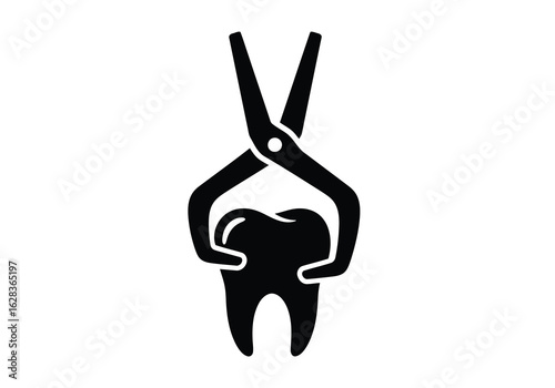 Black silhouette of dental forceps holding a tooth on white background Vector illustration of