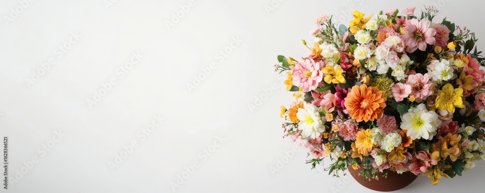 A vibrant bouquet of colorful flowers arranged in a round container A vibrant bouquet of colorful flowers arranged in a round container