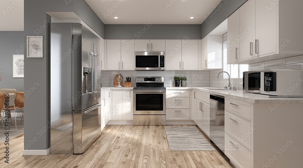 Modern kitchen with white cabinets, gray walls, and light hardwood floors