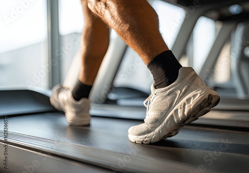 Close-up of legs on a treadmill, focused on white running shoes