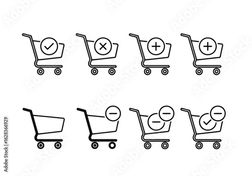 Collection of shopping cart icons with various status symbols trolley Vector illustration of