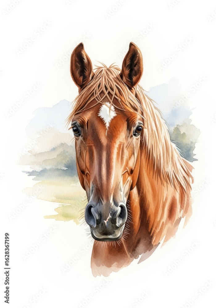 Obraz premium Majestic Chestnut Horse Portrait - Stunning watercolor portrait of a chestnut horse with a white blaze, set against a soft, blurred landscape background