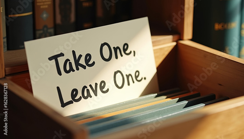 Take one leave one sharing box filled with books on shelf. Sharing box filled with books is available for communal lending library, book exchange community concept.