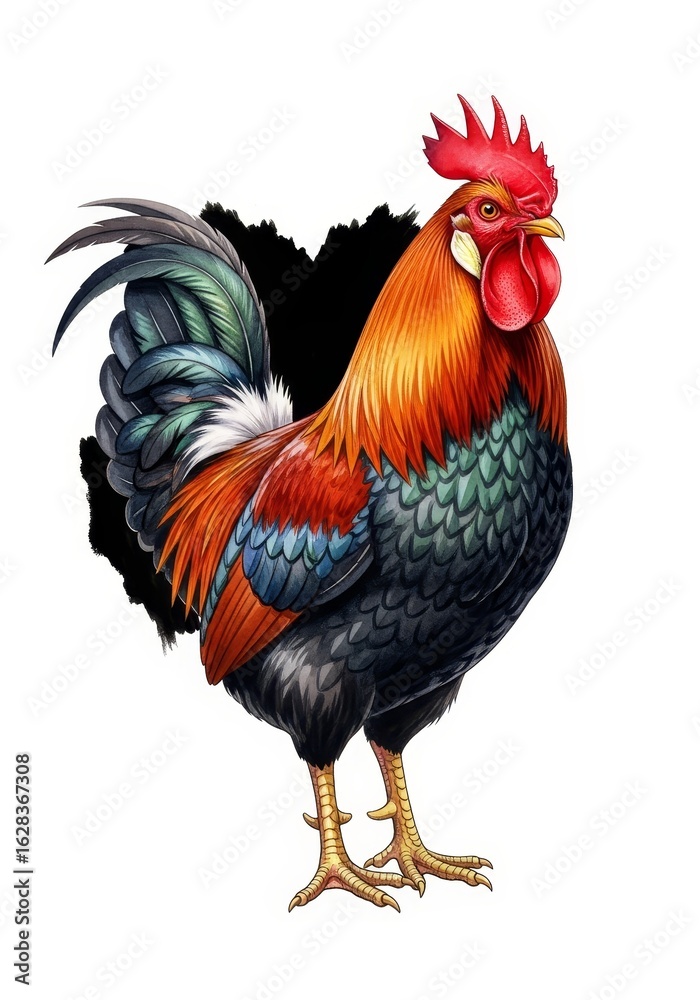 Fototapeta premium Majestic Rooster Portrait - Vibrant rooster, detailed plumage, proud stance, symbolic of strength, freedom, and dawn. A regal bird with striking colors
