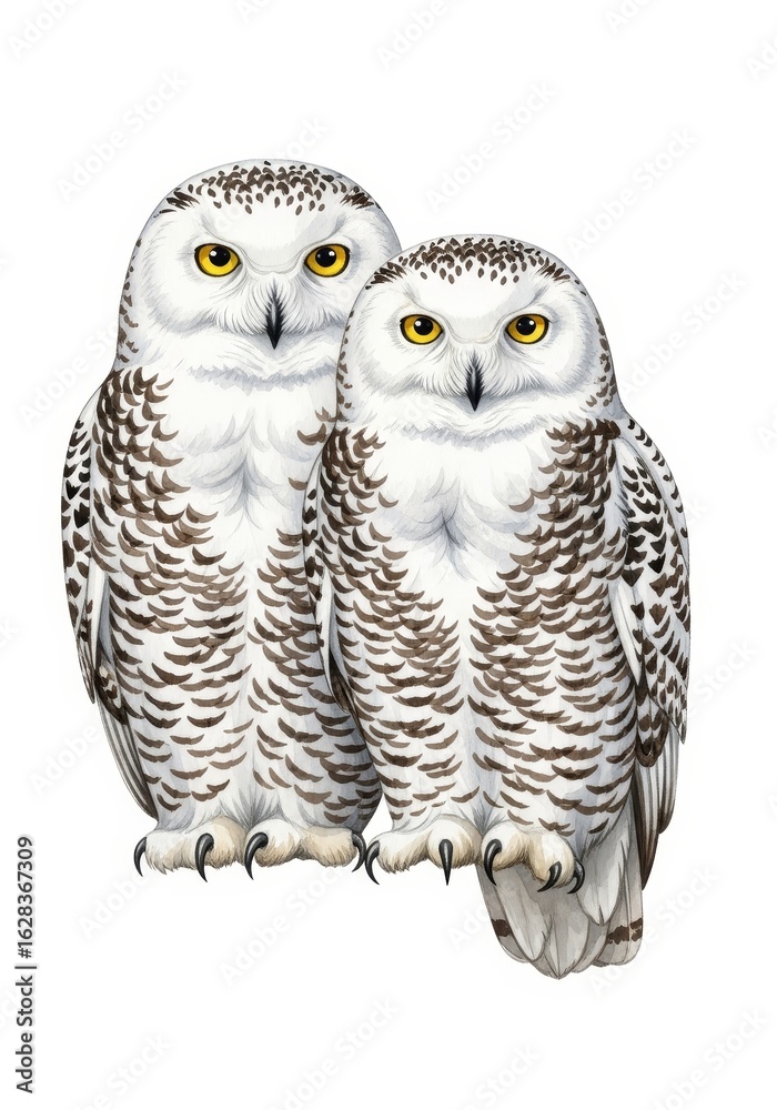 Obraz premium Majestic Snowy Owl Couple - Two snowy owls, symbols of wisdom, serenity, guardianship, arctic beauty, and winter. Their serene gaze evokes a sense of calm and peace