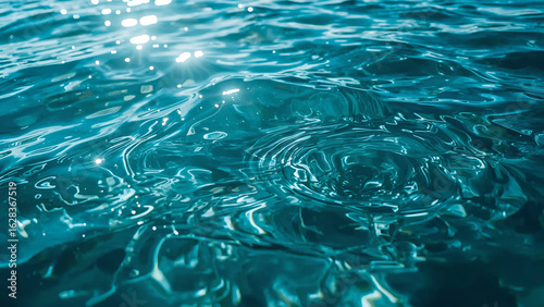 Fototapeta Naklejka Na Ścianę i Meble -  Detailed View of Blue Water Surface with Circular Ripples and Sun Glare wave