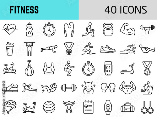 Fitness icon set featuring 40 different fitness-related symbols  