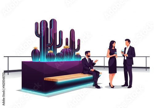Flat Vector Illustration of Modern Rooftop Scene with Three Fashionable People Beside Neon-Lit Futuristic Geometric Cacti Planter Bench on White Background


