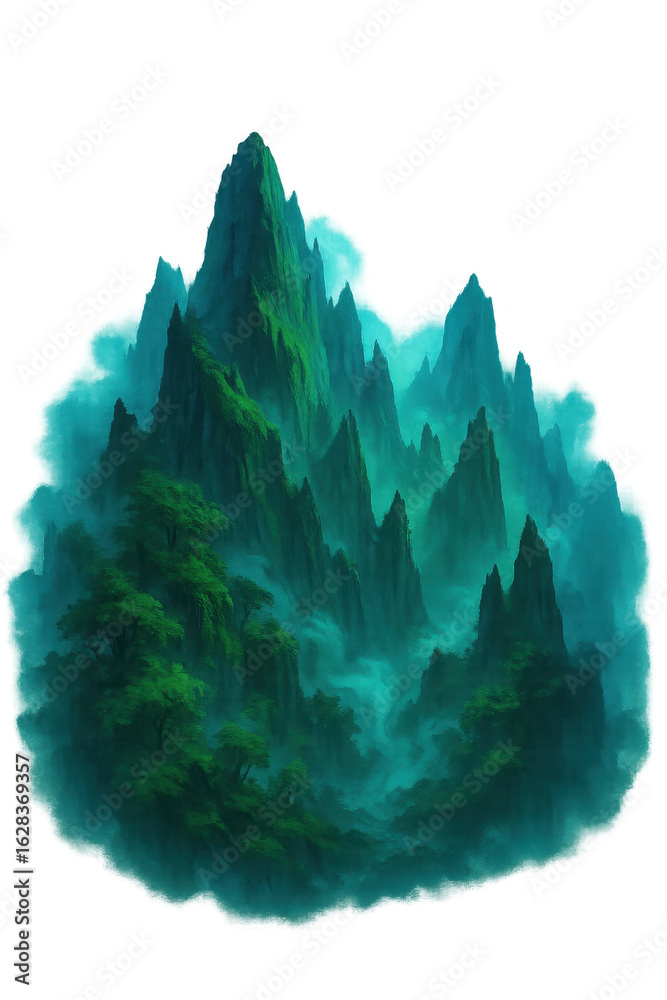 Fototapeta premium Green jungle mountains rising in the fog with transparent background