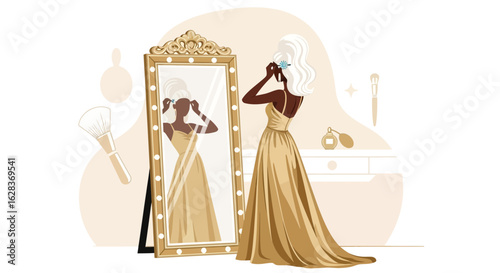 Elegant woman in golden gown getting ready reflected in illuminated mirror