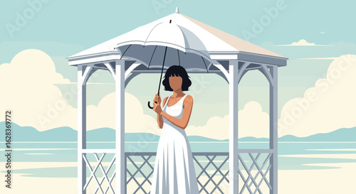 Elegant woman in white dress stands in gazebo holding umbrella illustration