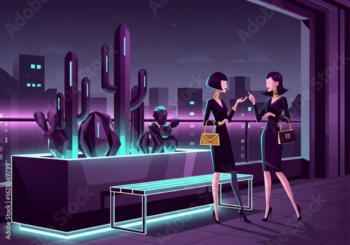 Flat Vector Illustration of Modern Rooftop Scene with Three Fashionable People Beside Neon-Lit Futuristic Geometric Cacti Planter Bench on White Background

