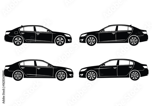 Four Vector illustration of black sedan cars in profile on a white background automobiles vehicles