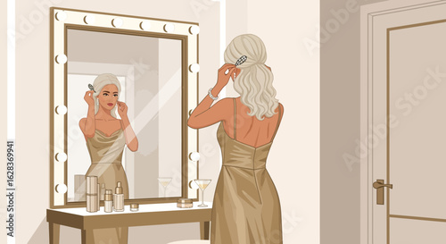 Elegant woman preparing in front of illuminated vanity mirror with hair accessories
