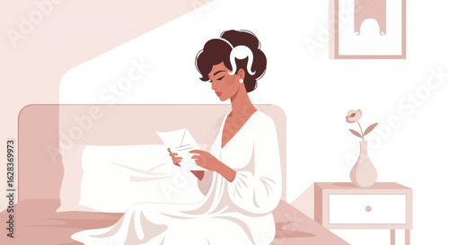 Elegant woman reads letter in bedroom scene with soft colors and peaceful atmosphere