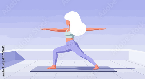 Elegant woman striking a warrior two pose during yoga practice for wellness