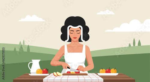 Elegant woman slicing fresh fruits outdoors in a tranquil natural setting scene