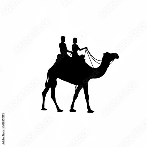 Couple enjoying a scenic ride on a camel or elephant in a vibrant exotic landscape