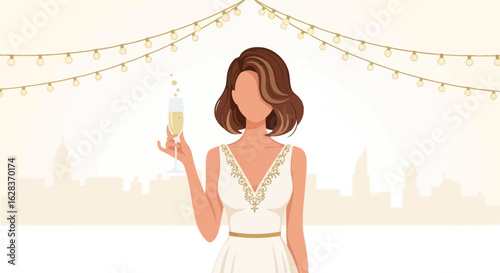 Elegant Woman Toasting with Champagne at a Sophisticated City Celebration Scene