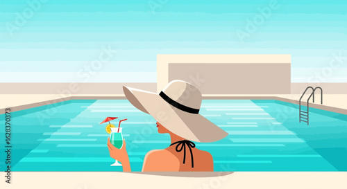 Elegant woman with a cocktail enjoying a sunny day in a luxurious swimming pool setting