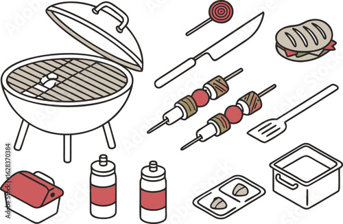 Isometric barbecue grill with skewers, sandwich, lollipop, knife, spatula, and other grilling equipment