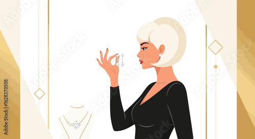 Elegant woman with blonde hair admiring diamond earrings in a jewelry store